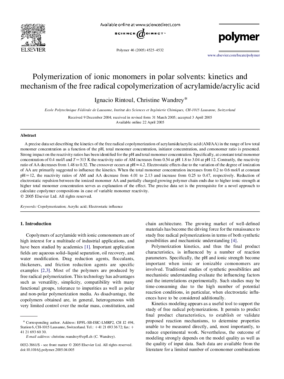 Polymerization of ionic monomers in polar solvents: kinetics and mechanism of the free radical copolymerization of acrylamide/acrylic acid