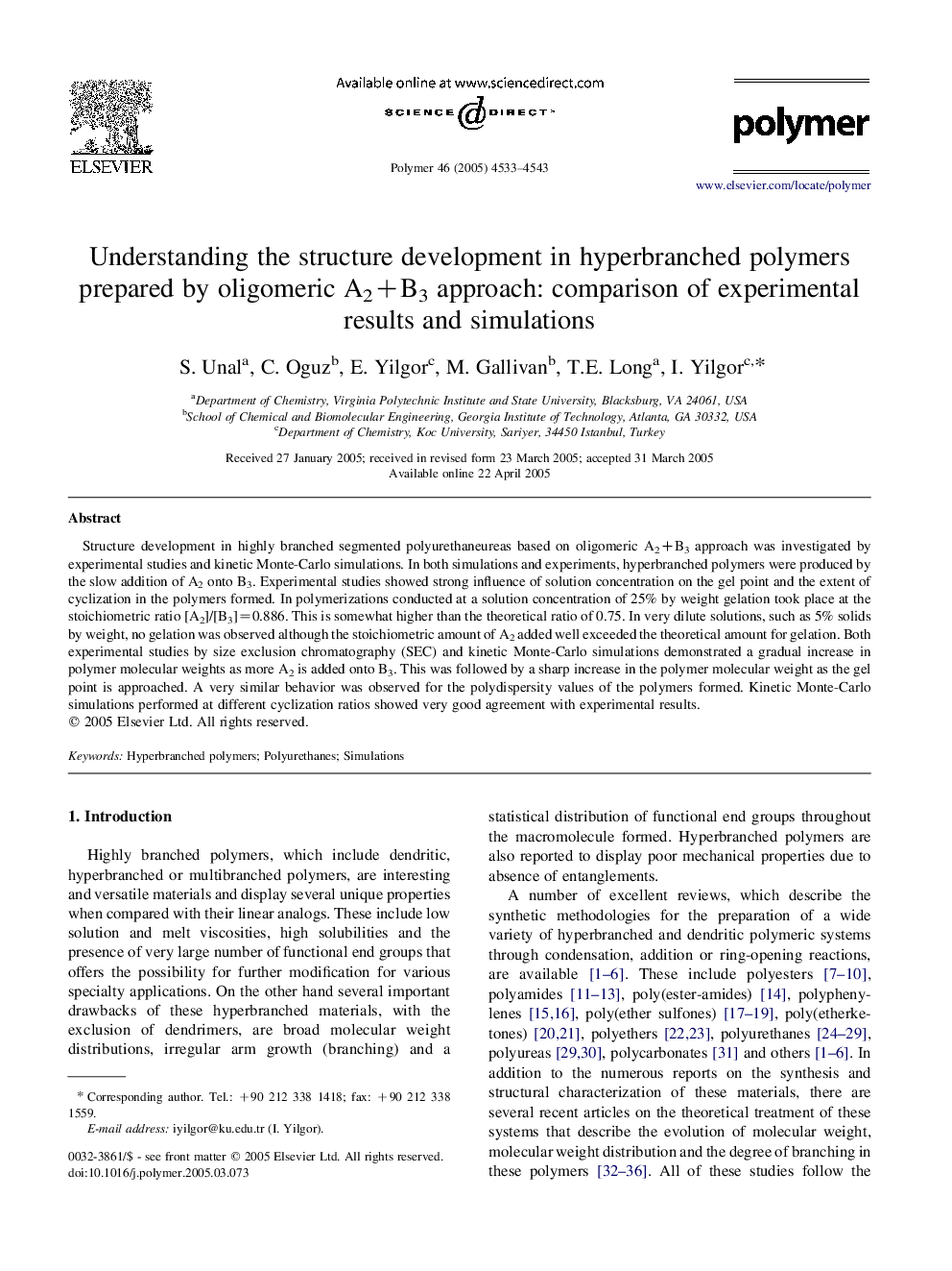 Understanding the structure development in hyperbranched polymers prepared by oligomeric A2+B3 approach: comparison of experimental results and simulations