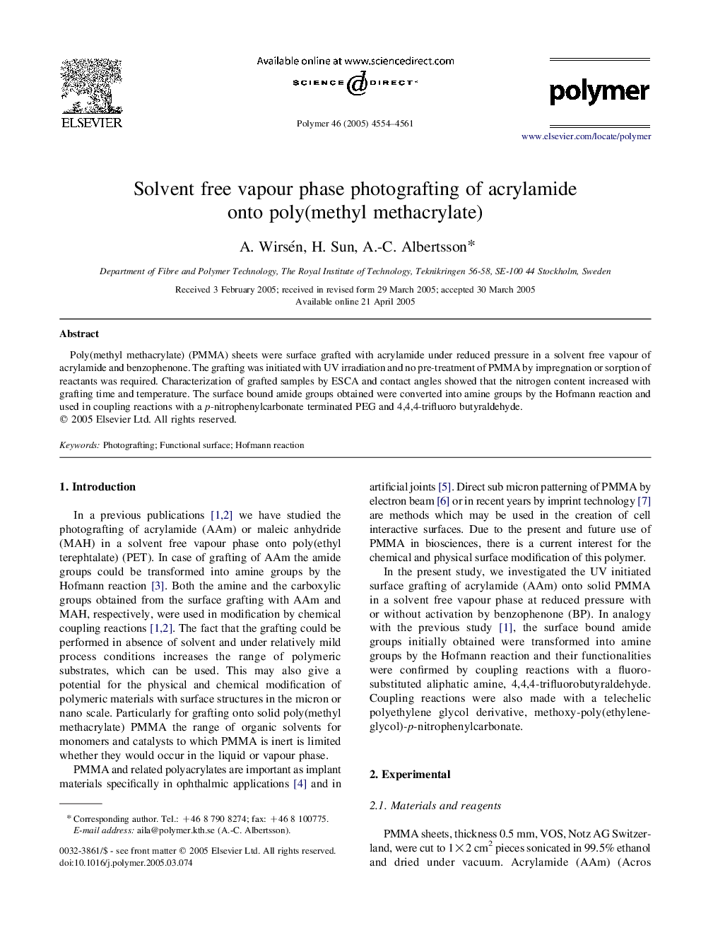 Solvent free vapour phase photografting of acrylamide onto poly(methyl methacrylate)