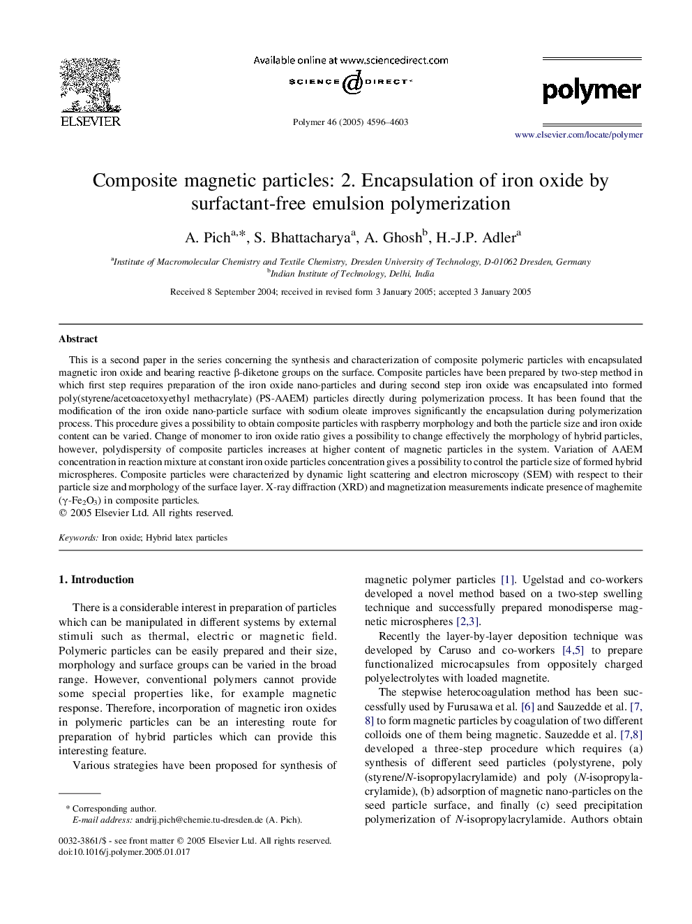 Composite magnetic particles: 2. Encapsulation of iron oxide by surfactant-free emulsion polymerization