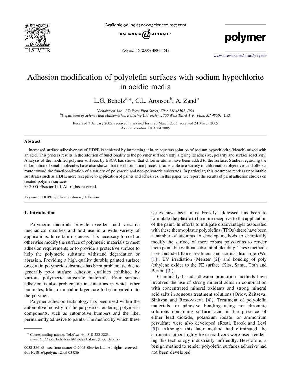 Adhesion modification of polyolefin surfaces with sodium hypochlorite in acidic media