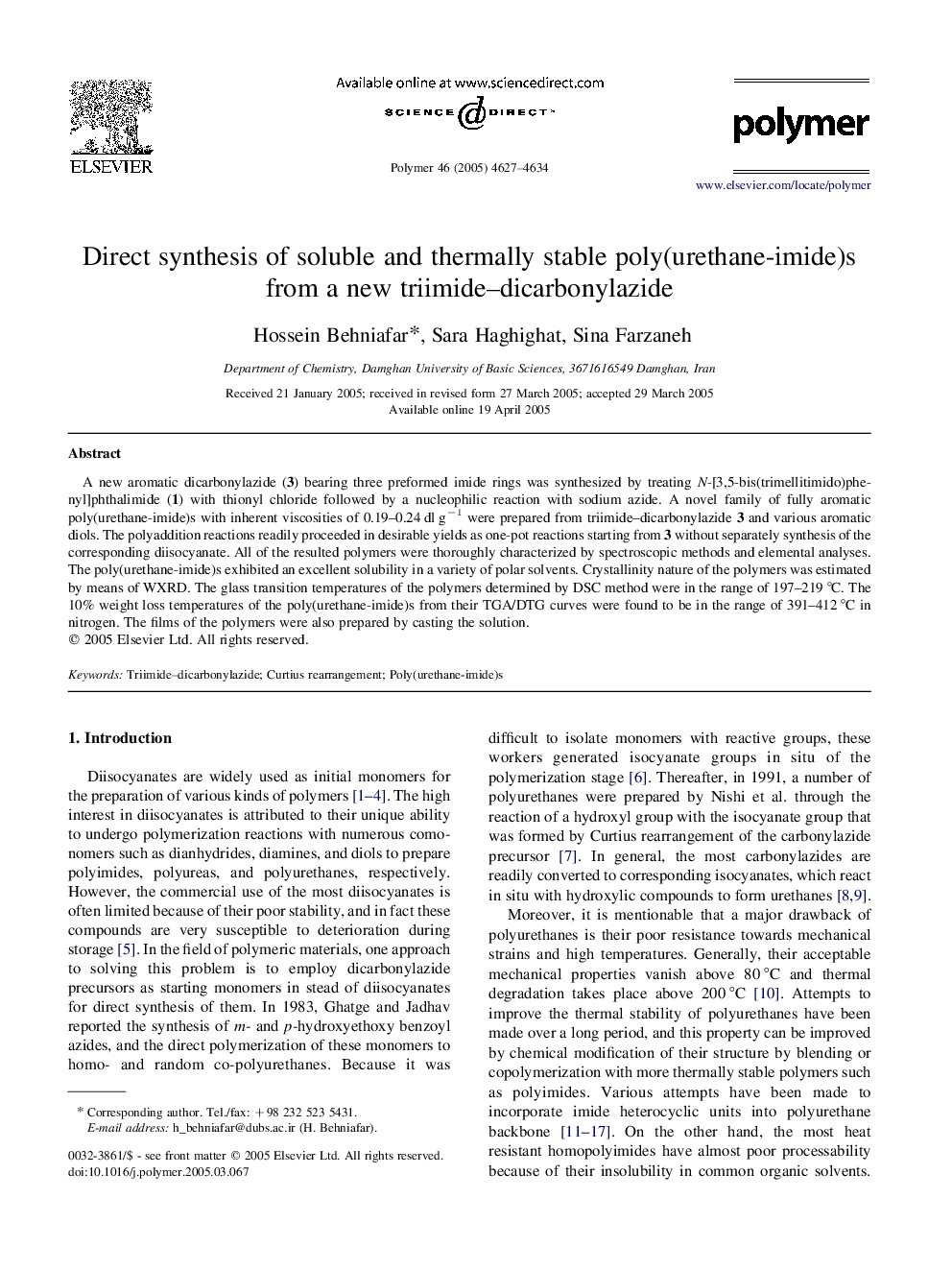 Direct synthesis of soluble and thermally stable poly(urethane-imide)s from a new triimide-dicarbonylazide