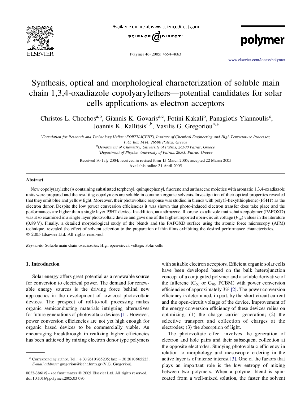 Synthesis, optical and morphological characterization of soluble main chain 1,3,4-oxadiazole copolyarylethers-potential candidates for solar cells applications as electron acceptors