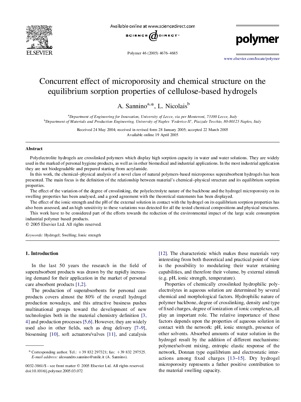 Concurrent effect of microporosity and chemical structure on the equilibrium sorption properties of cellulose-based hydrogels