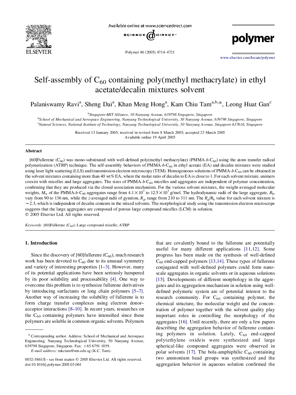 Self-assembly of C60 containing poly(methyl methacrylate) in ethyl acetate/decalin mixtures solvent
