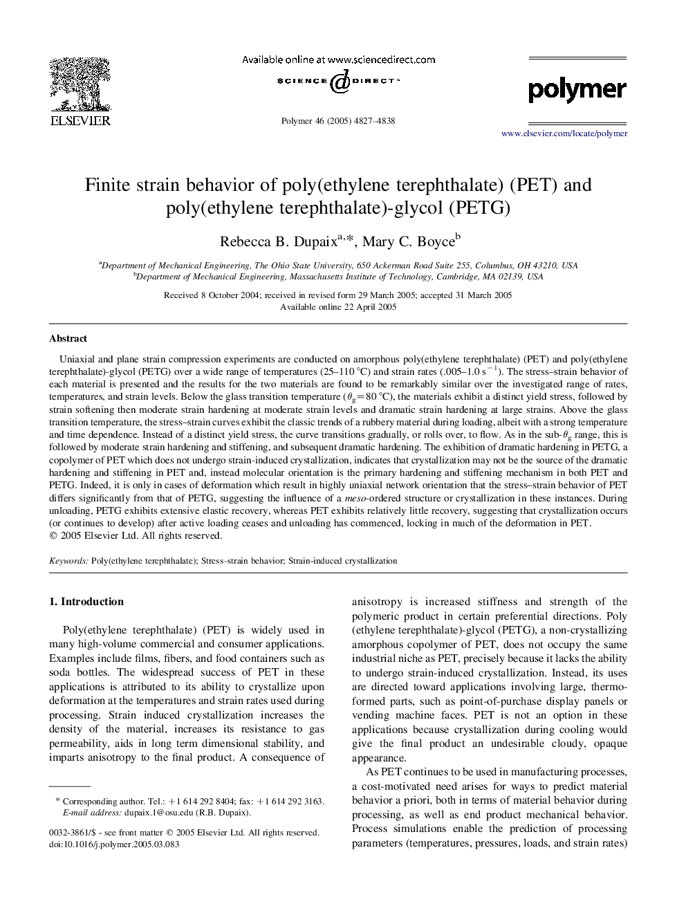 Finite strain behavior of poly(ethylene terephthalate) (PET) and poly(ethylene terephthalate)-glycol (PETG)