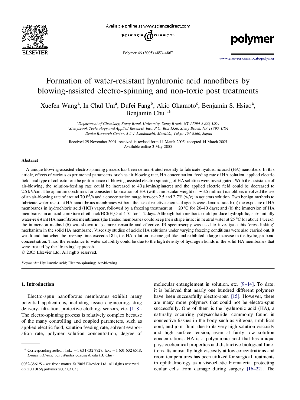 Formation of water-resistant hyaluronic acid nanofibers by blowing-assisted electro-spinning and non-toxic post treatments