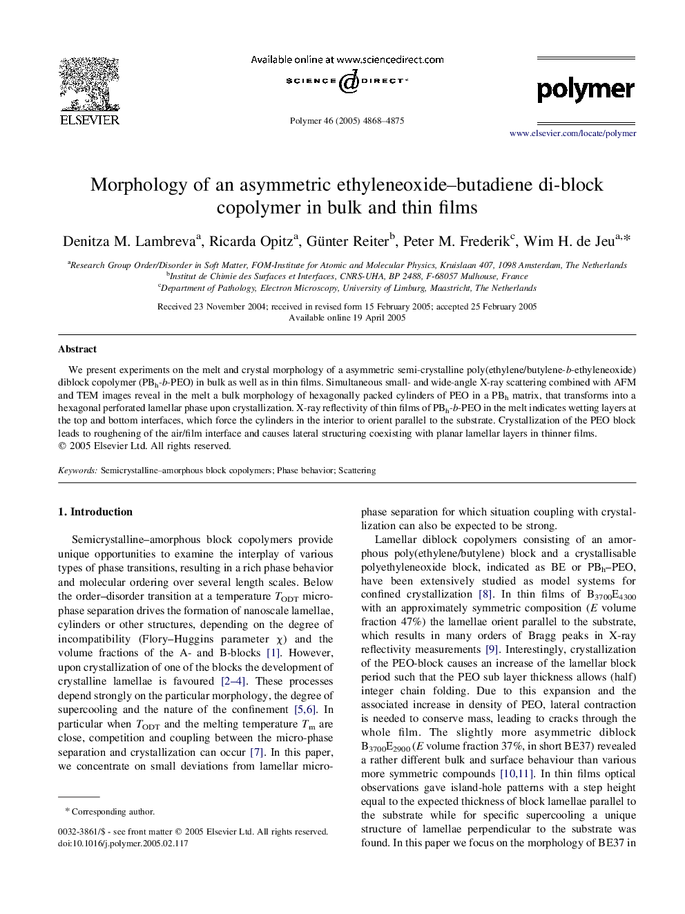 Morphology of an asymmetric ethyleneoxide-butadiene di-block copolymer in bulk and thin films