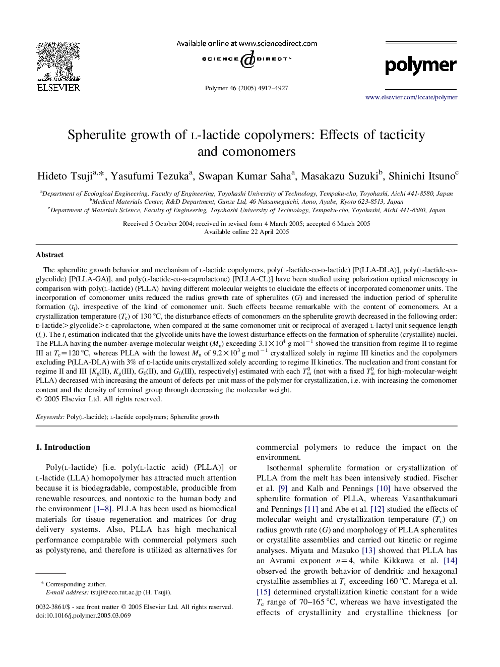 Spherulite growth of l-lactide copolymers: Effects of tacticity and comonomers