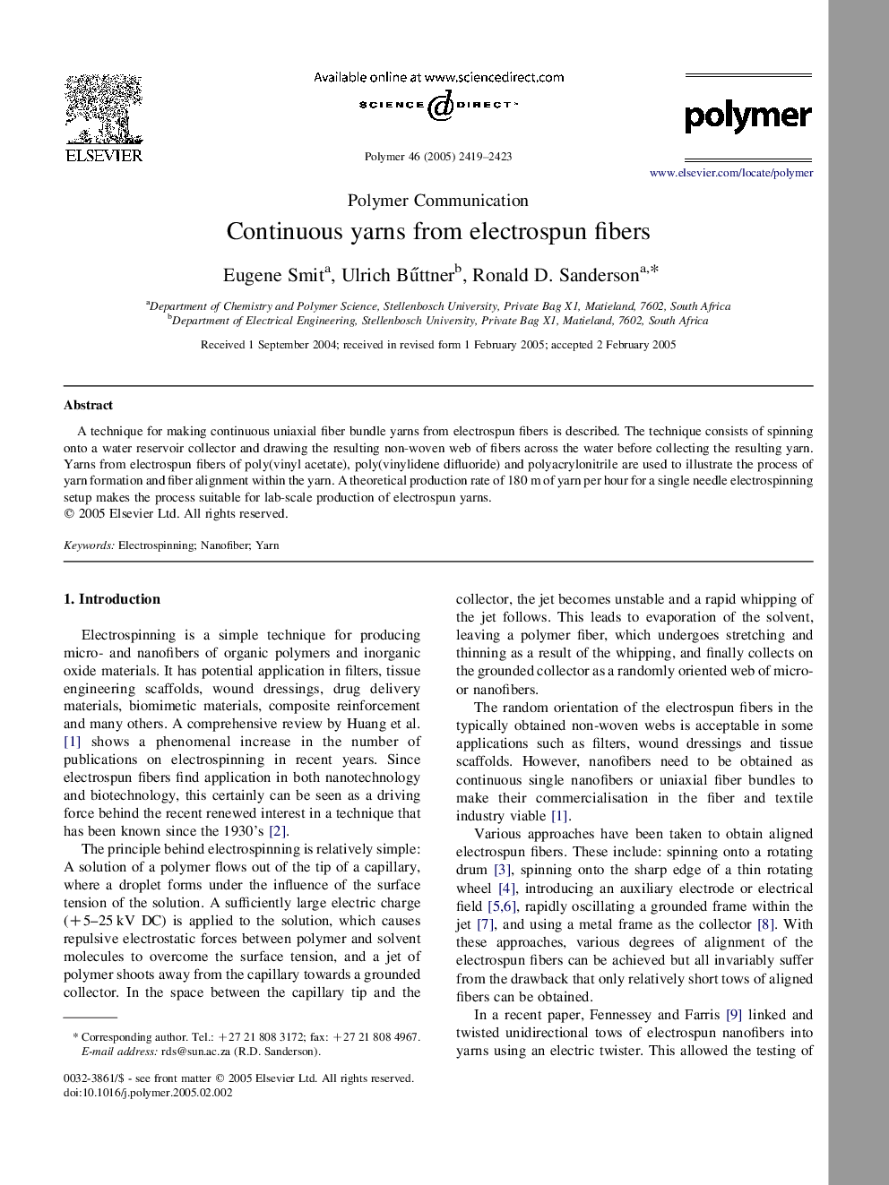 Continuous yarns from electrospun fibers