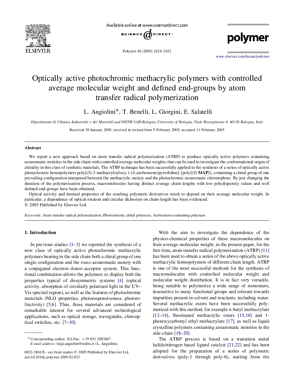 Optically active photochromic methacrylic polymers with controlled average molecular weight and defined end-groups by atom transfer radical polymerization