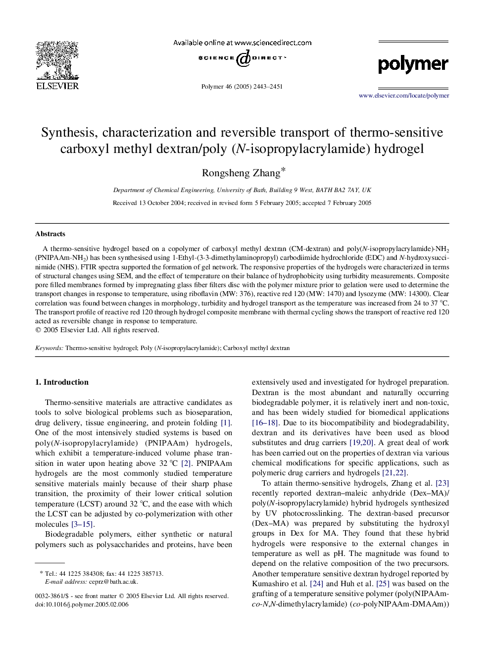 Synthesis, characterization and reversible transport of thermo-sensitive carboxyl methyl dextran/poly (N-isopropylacrylamide) hydrogel