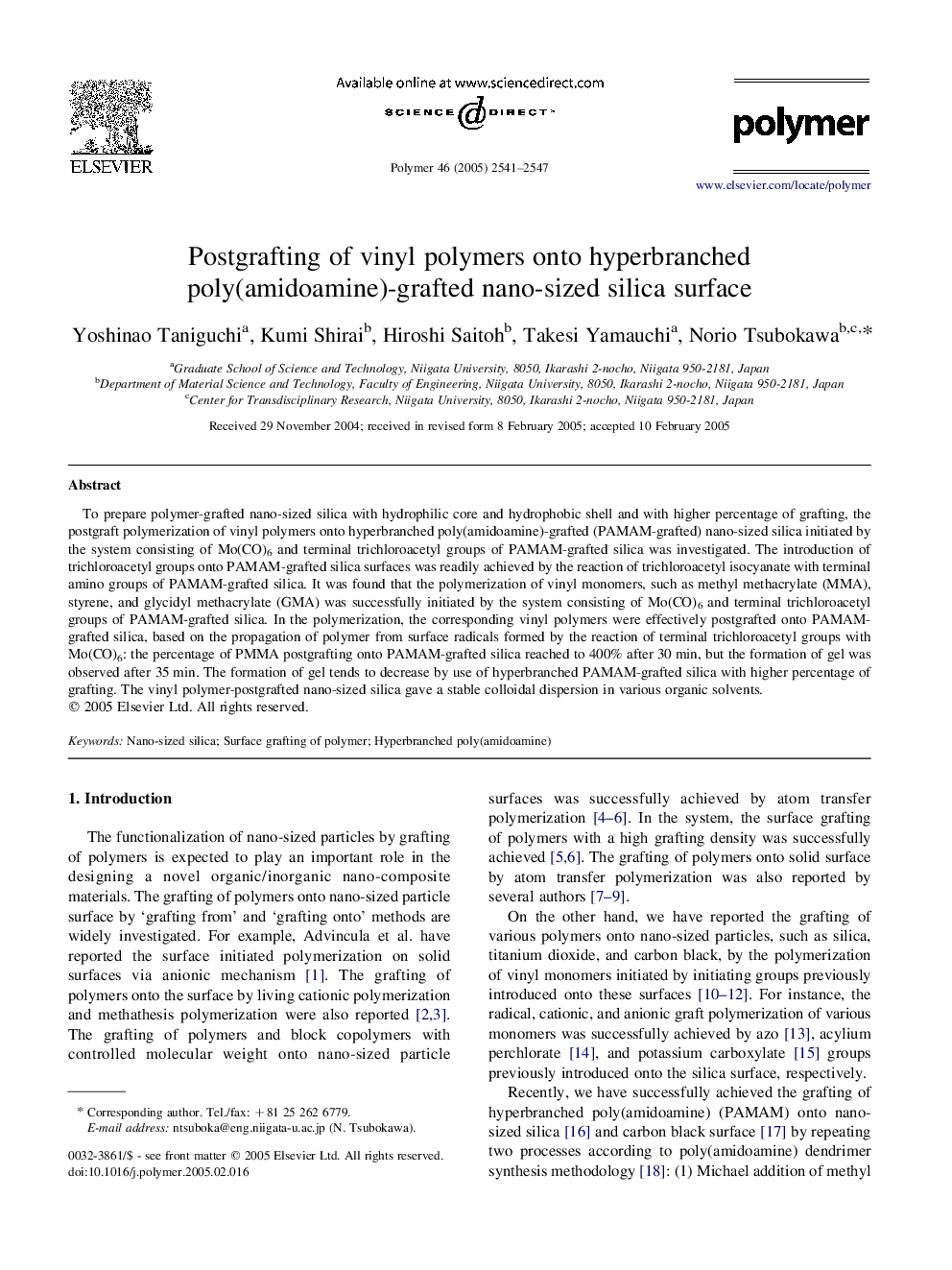 Postgrafting of vinyl polymers onto hyperbranched poly(amidoamine)-grafted nano-sized silica surface