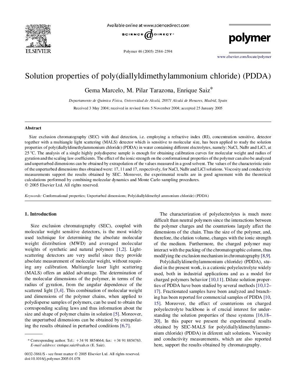 Solution properties of poly(diallyldimethylammonium chloride) (PDDA)