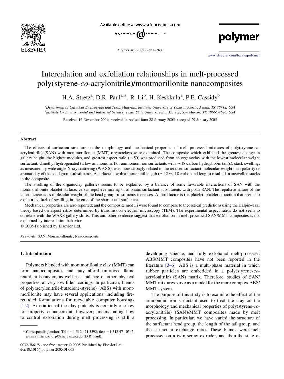 Intercalation and exfoliation relationships in melt-processed poly(styrene-co-acrylonitrile)/montmorillonite nanocomposites