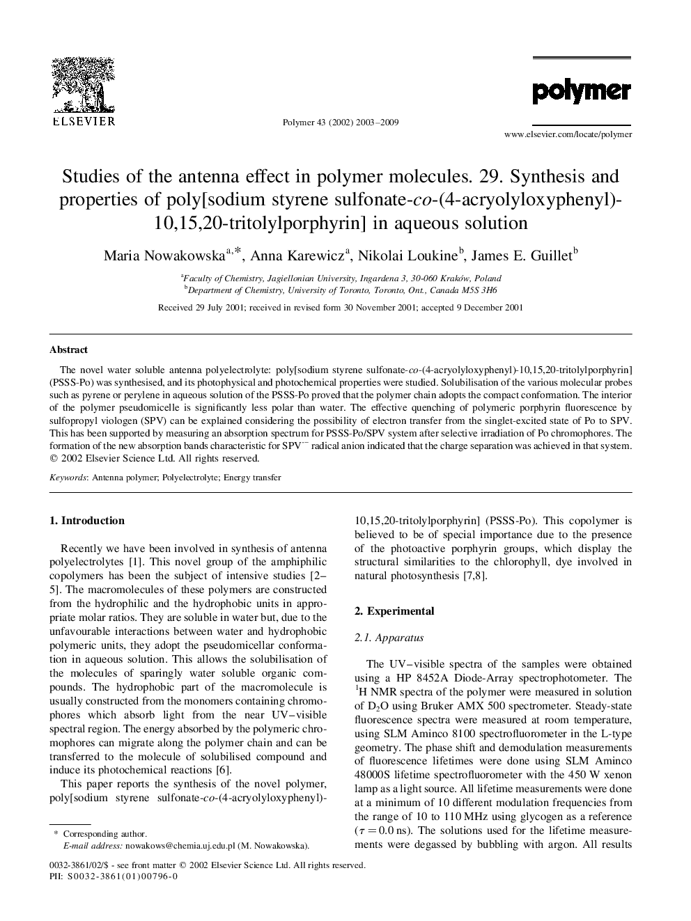 Studies of the antenna effect in polymer molecules. 29. Synthesis and properties of poly[sodium styrene sulfonate-co-(4-acryolyloxyphenyl)-10,15,20-tritolylporphyrin] in aqueous solution