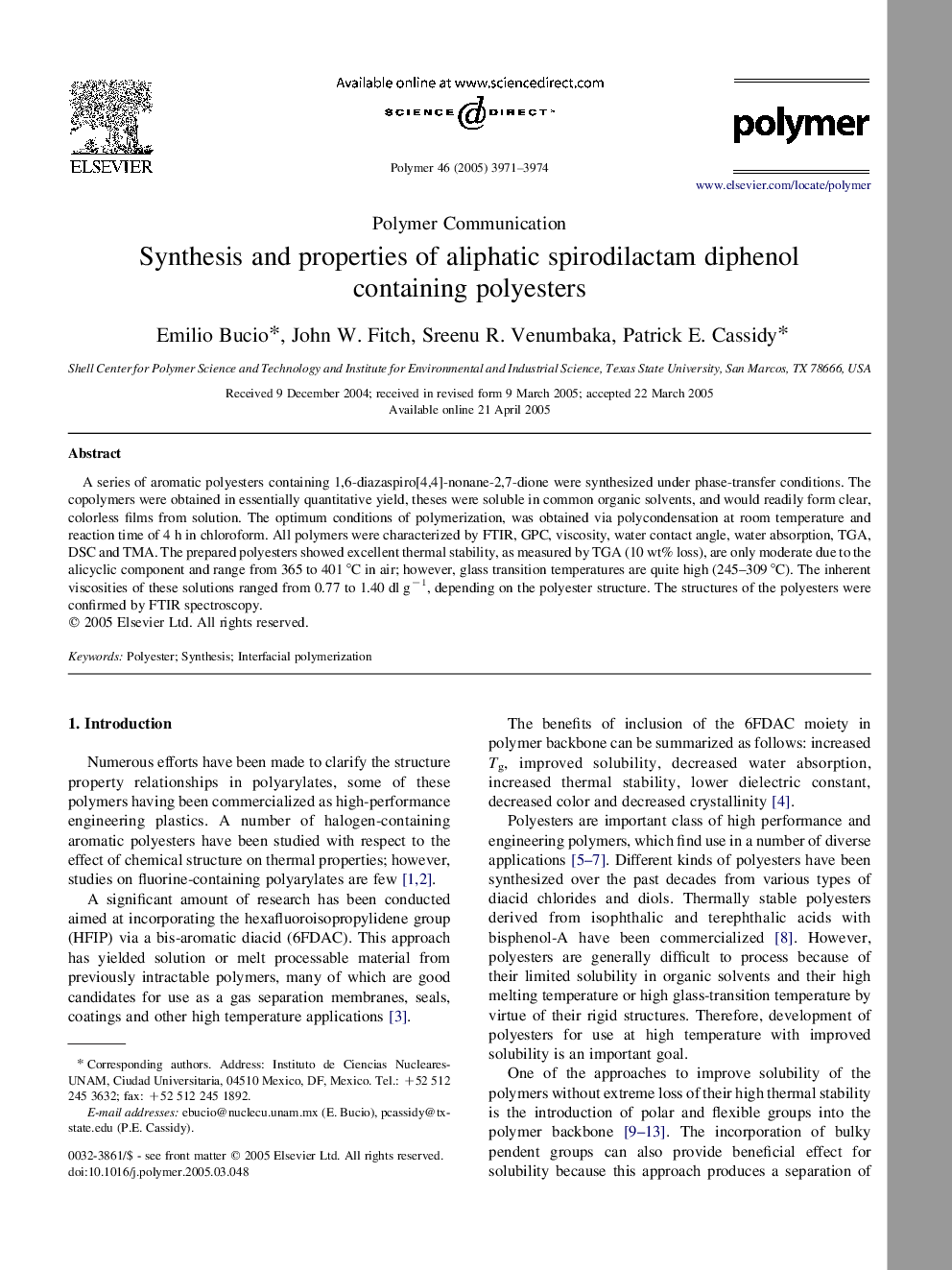 Synthesis and properties of aliphatic spirodilactam diphenol containing polyesters