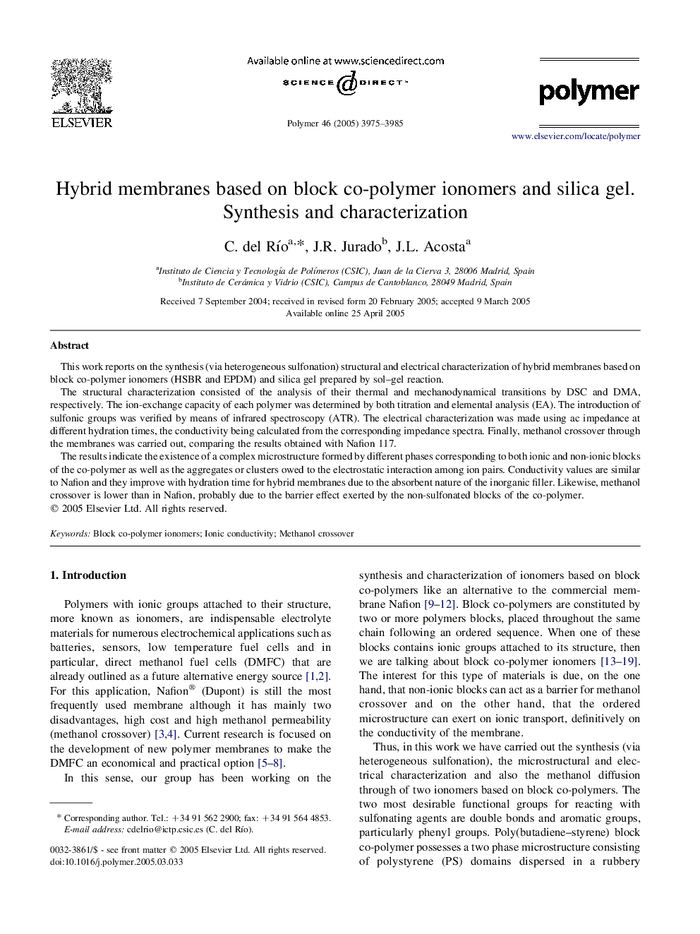 Hybrid membranes based on block co-polymer ionomers and silica gel. Synthesis and characterization