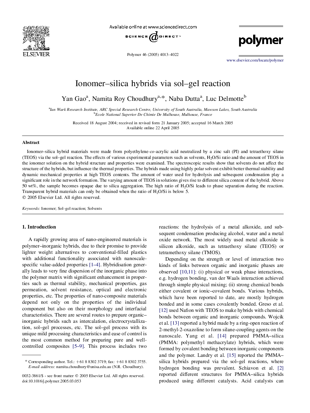 Ionomer-silica hybrids via sol-gel reaction
