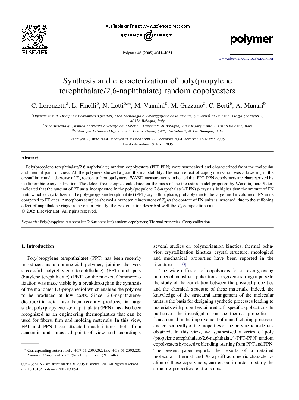 Synthesis and characterization of poly(propylene terephthalate/2,6-naphthalate) random copolyesters