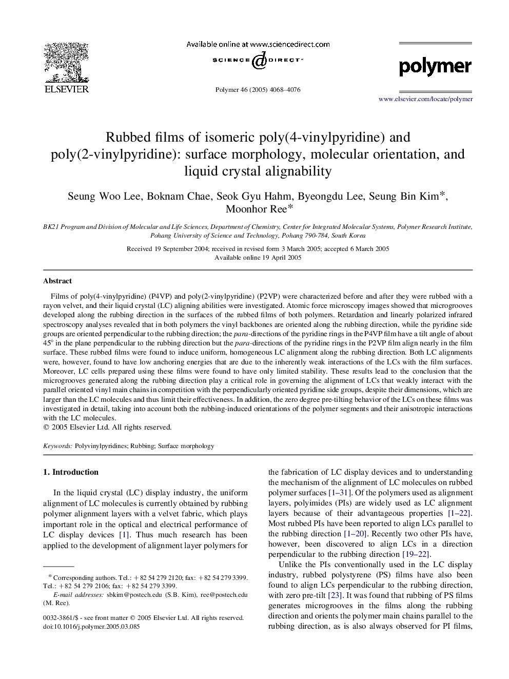 Rubbed films of isomeric poly(4-vinylpyridine) and poly(2-vinylpyridine): surface morphology, molecular orientation, and liquid crystal alignability