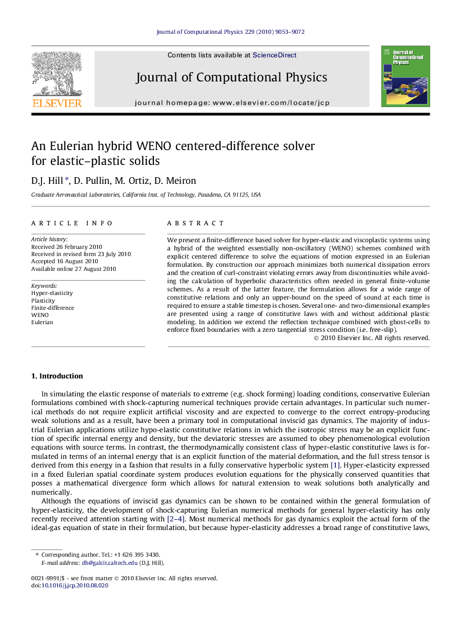 An Eulerian hybrid WENO centered-difference solver for elastic–plastic solids