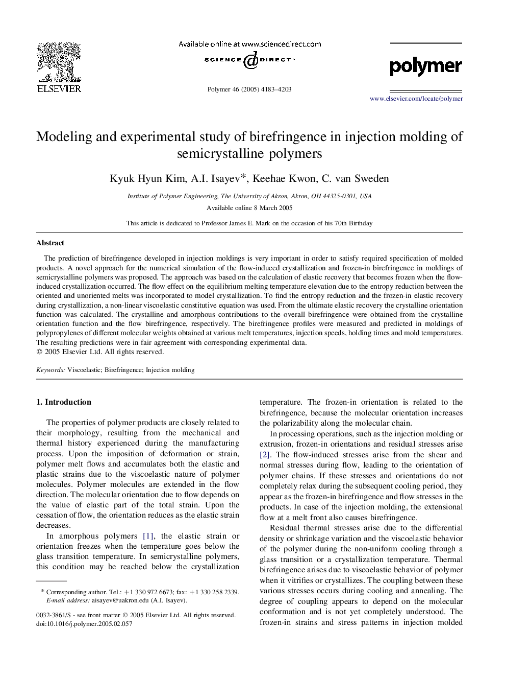 Modeling and experimental study of birefringence in injection molding of semicrystalline polymers