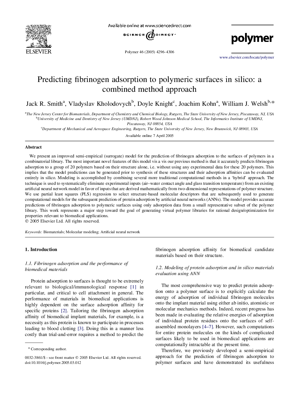 Predicting fibrinogen adsorption to polymeric surfaces in silico: a combined method approach