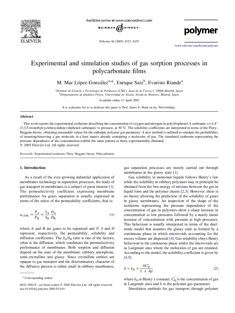 Experimental and simulation studies of gas sorption processes in polycarbonate films