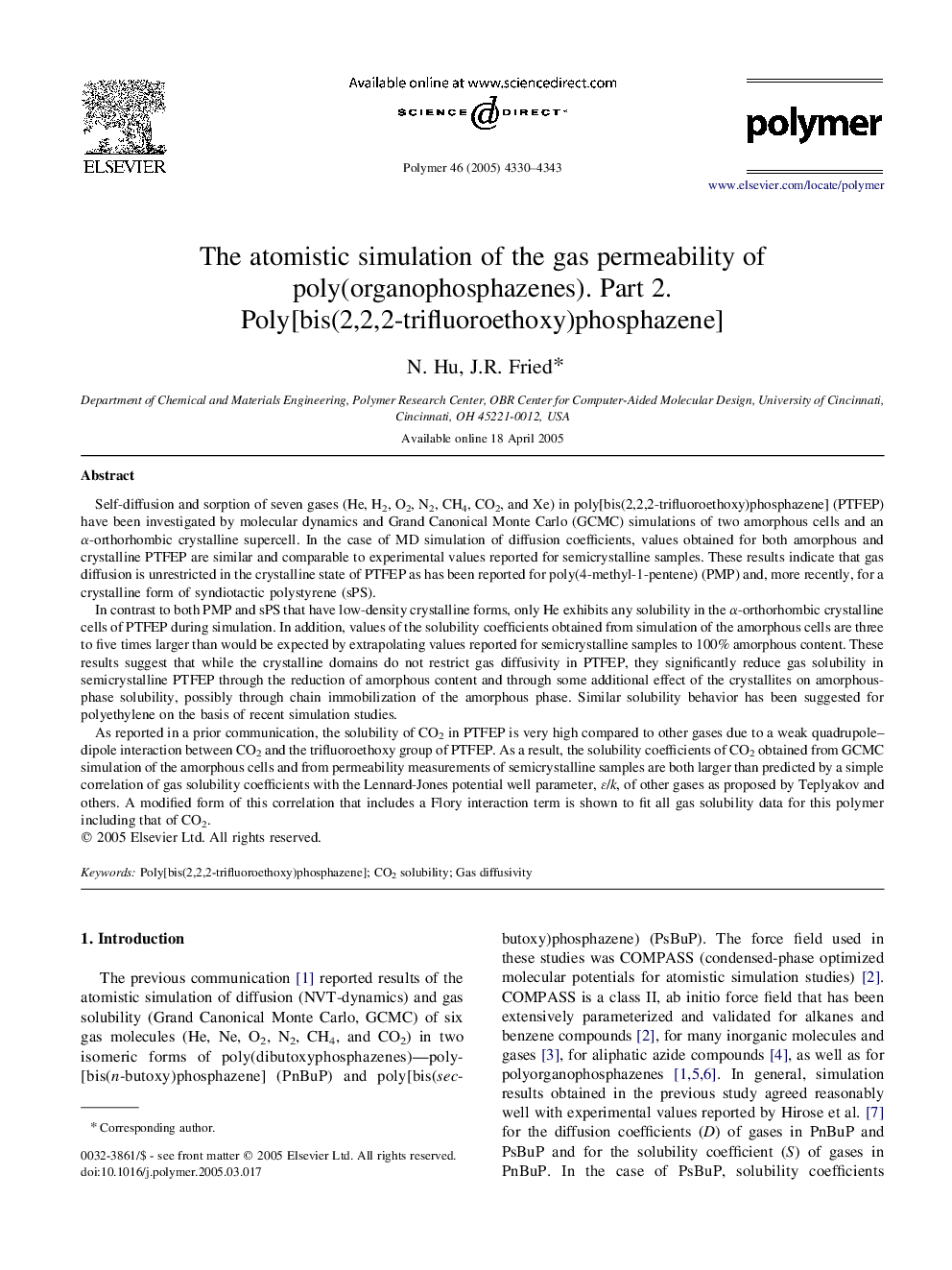 The atomistic simulation of the gas permeability of poly(organophosphazenes). Part 2. Poly[bis(2,2,2-trifluoroethoxy)phosphazene]