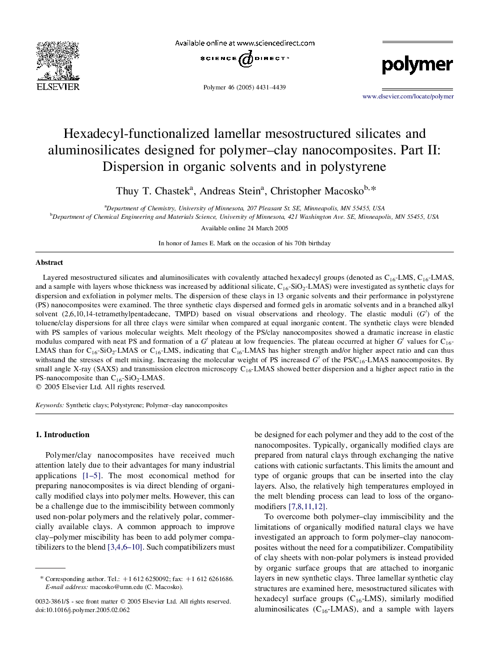 Hexadecyl-functionalized lamellar mesostructured silicates and aluminosilicates designed for polymer-clay nanocomposites. Part II: Dispersion in organic solvents and in polystyrene