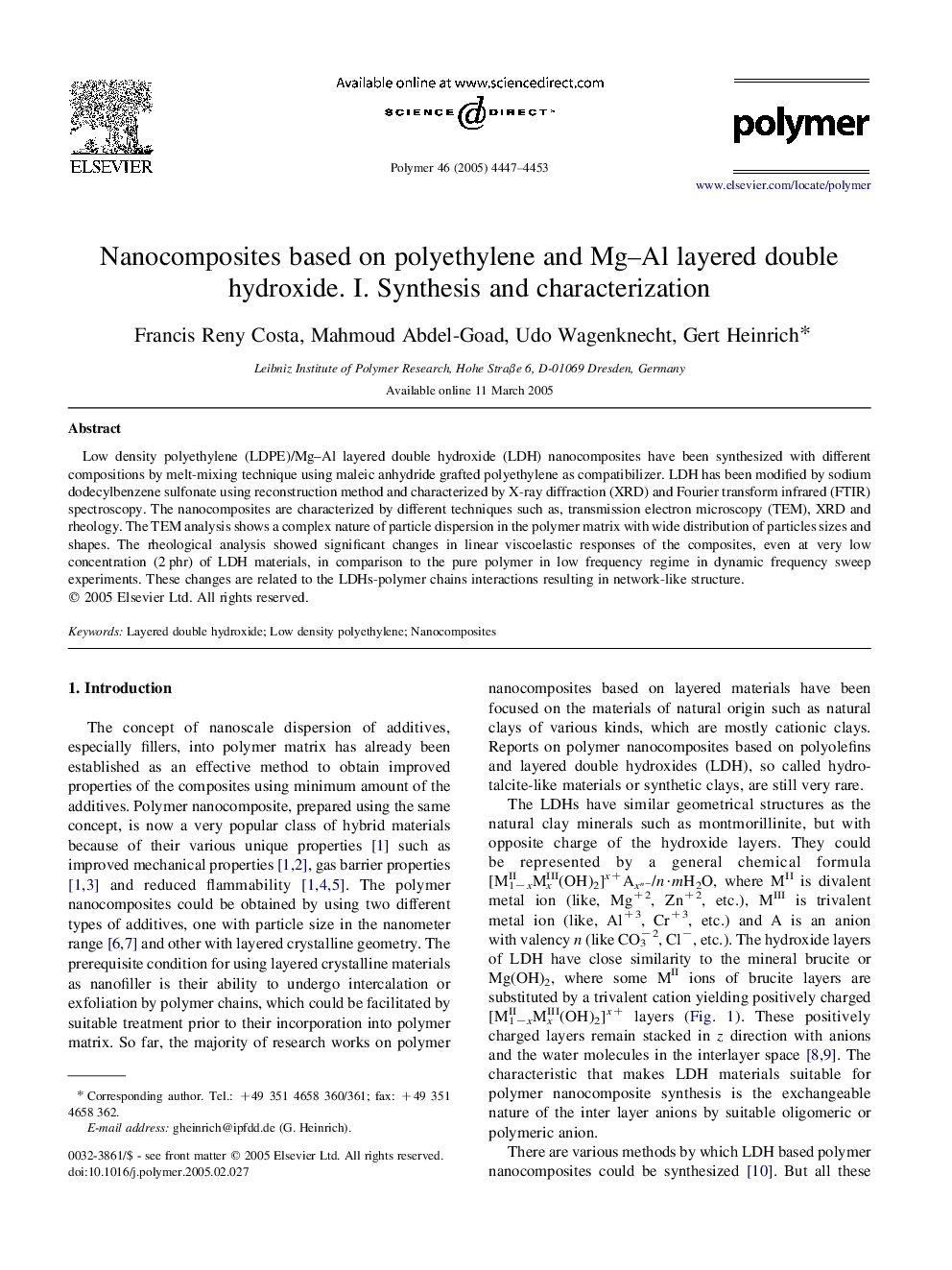 Nanocomposites based on polyethylene and Mg-Al layered double hydroxide. I. Synthesis and characterization