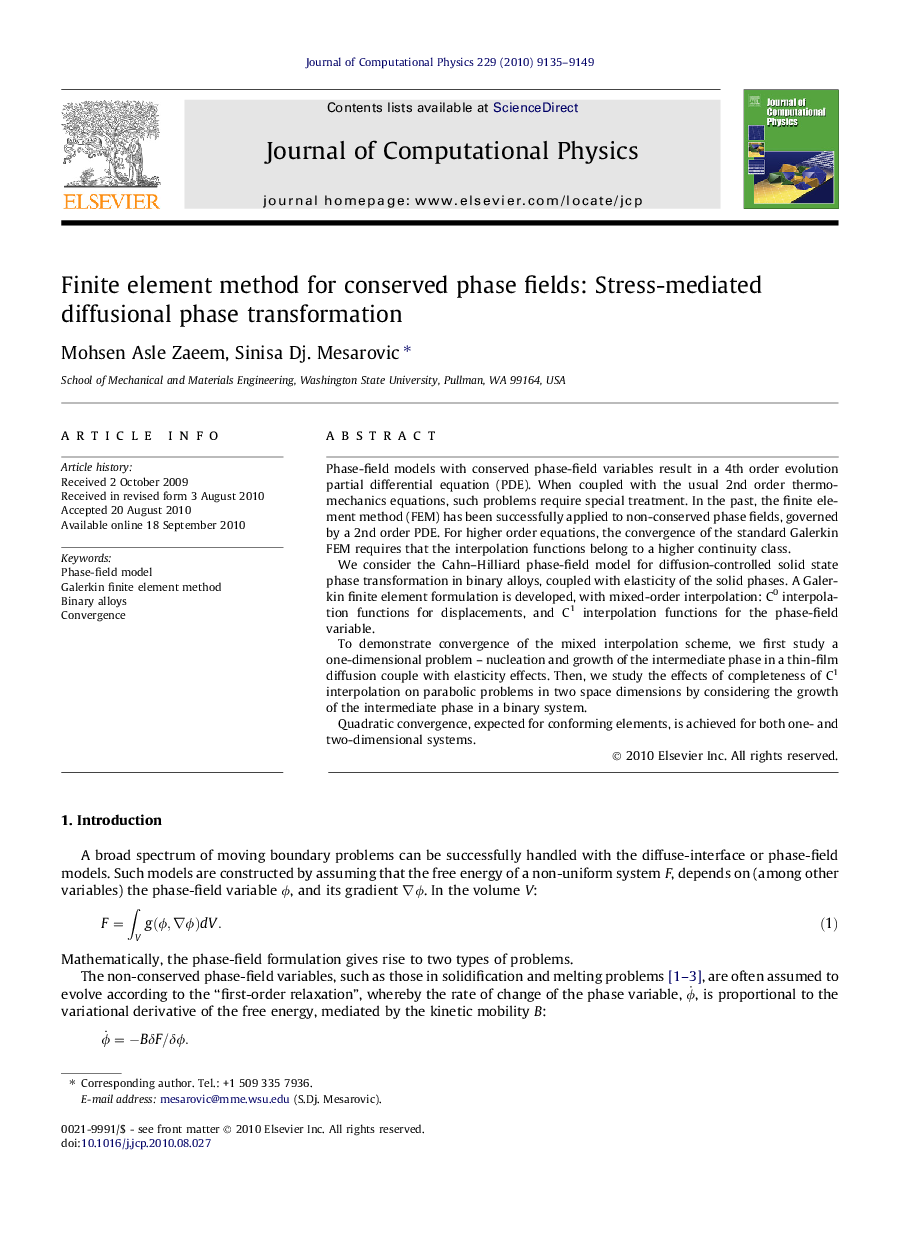 Finite element method for conserved phase fields: Stress-mediated diffusional phase transformation