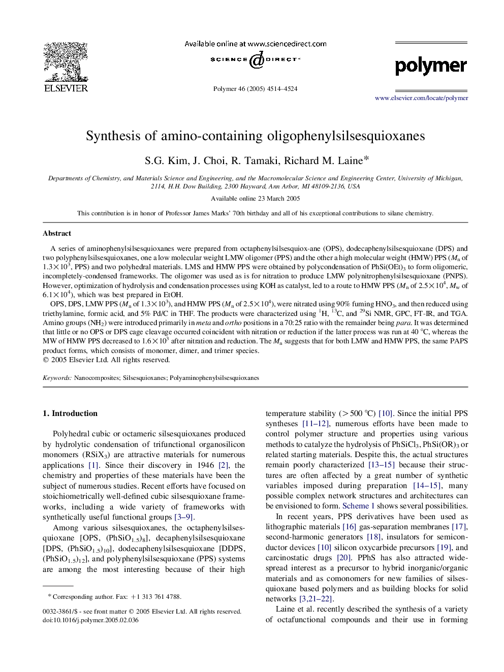 Synthesis of amino-containing oligophenylsilsesquioxanes