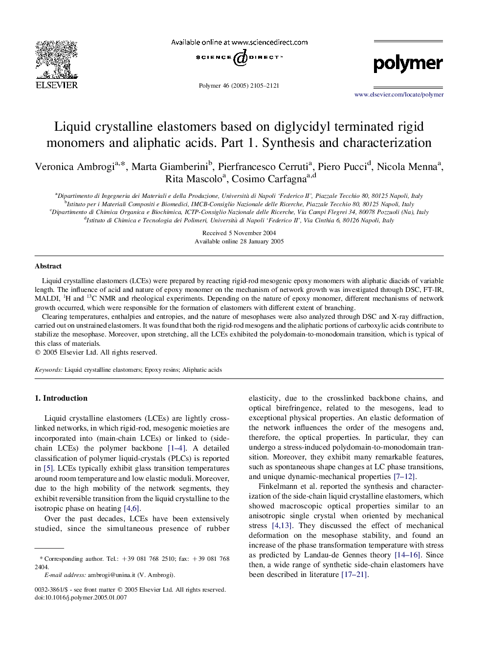 Liquid crystalline elastomers based on diglycidyl terminated rigid monomers and aliphatic acids. Part 1. Synthesis and characterization