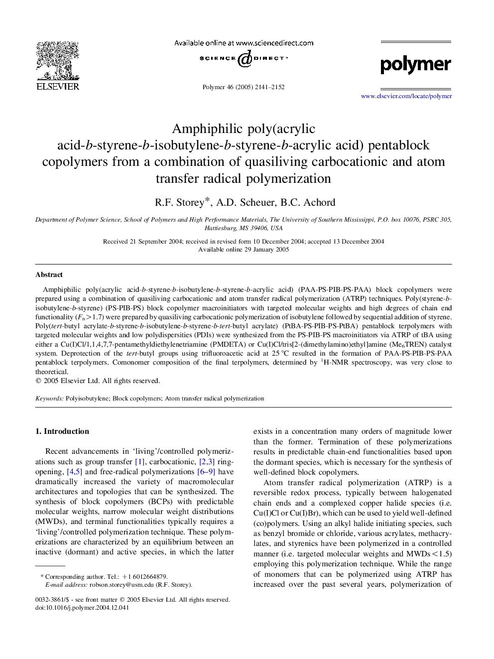 Amphiphilic poly(acrylic acid-b-styrene-b-isobutylene-b-styrene-b-acrylic acid) pentablock copolymers from a combination of quasiliving carbocationic and atom transfer radical polymerization