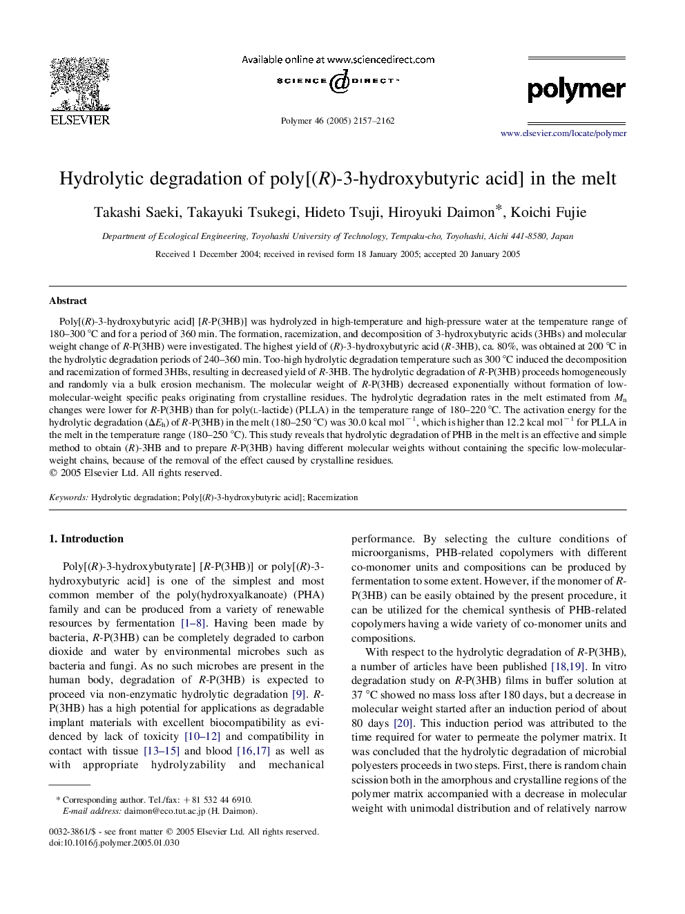 Hydrolytic degradation of poly[(R)-3-hydroxybutyric acid] in the melt