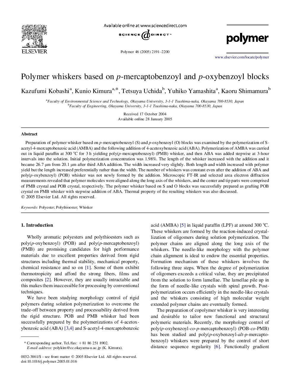 Polymer whiskers based on p-mercaptobenzoyl and p-oxybenzoyl blocks