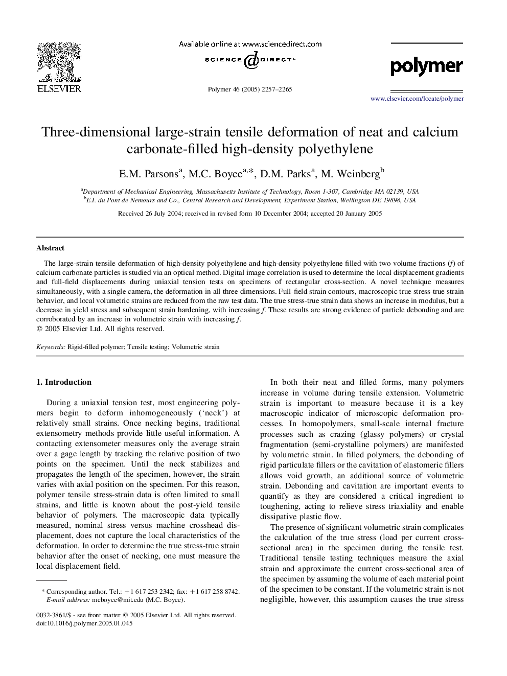 Three-dimensional large-strain tensile deformation of neat and calcium carbonate-filled high-density polyethylene