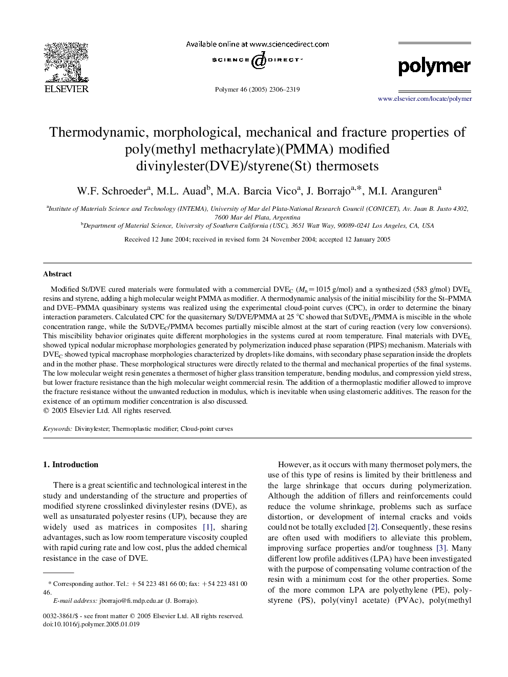 Thermodynamic, morphological, mechanical and fracture properties of poly(methyl methacrylate)(PMMA) modified divinylester(DVE)/styrene(St) thermosets