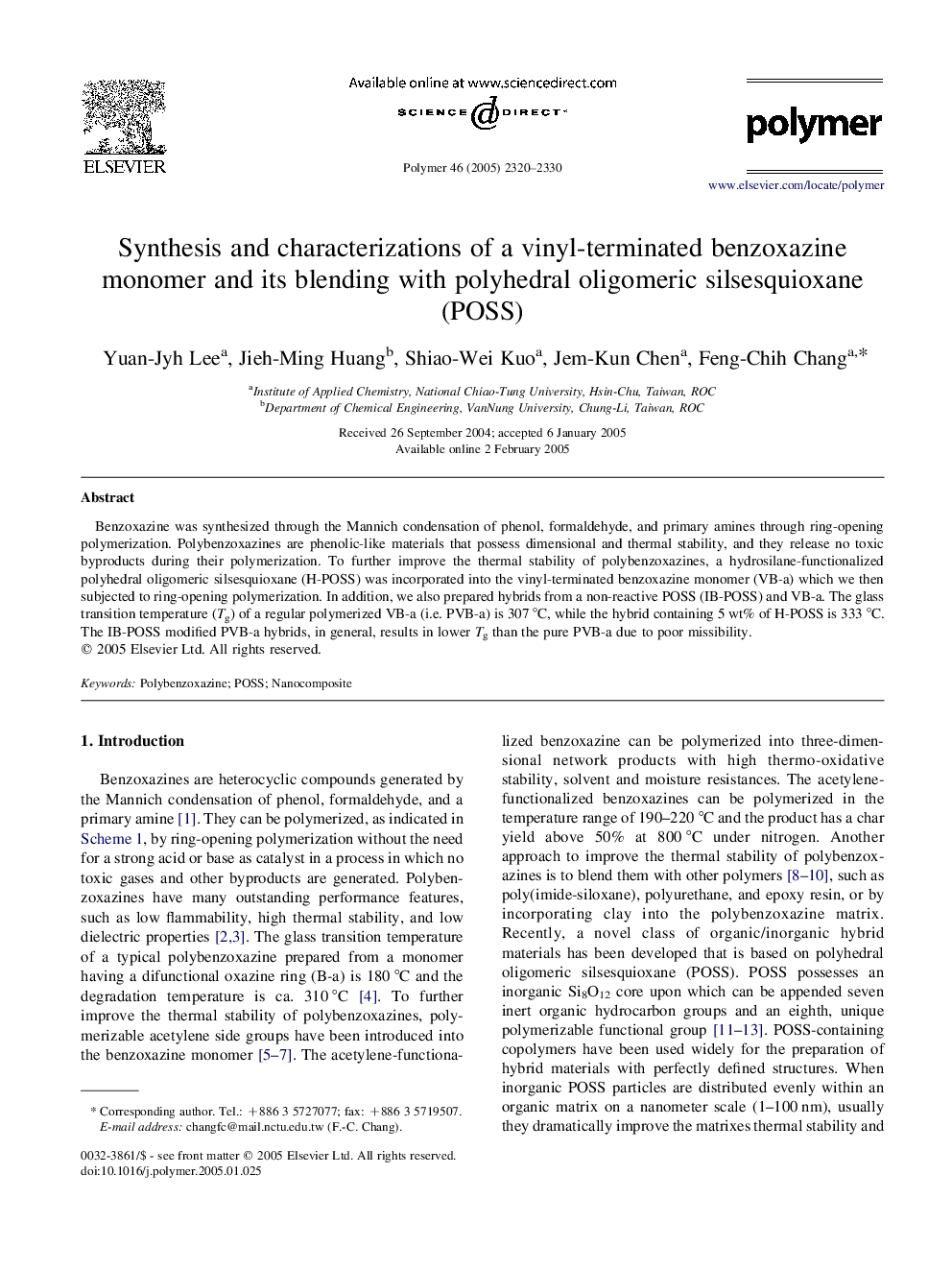 Synthesis and characterizations of a vinyl-terminated benzoxazine monomer and its blending with polyhedral oligomeric silsesquioxane (POSS)