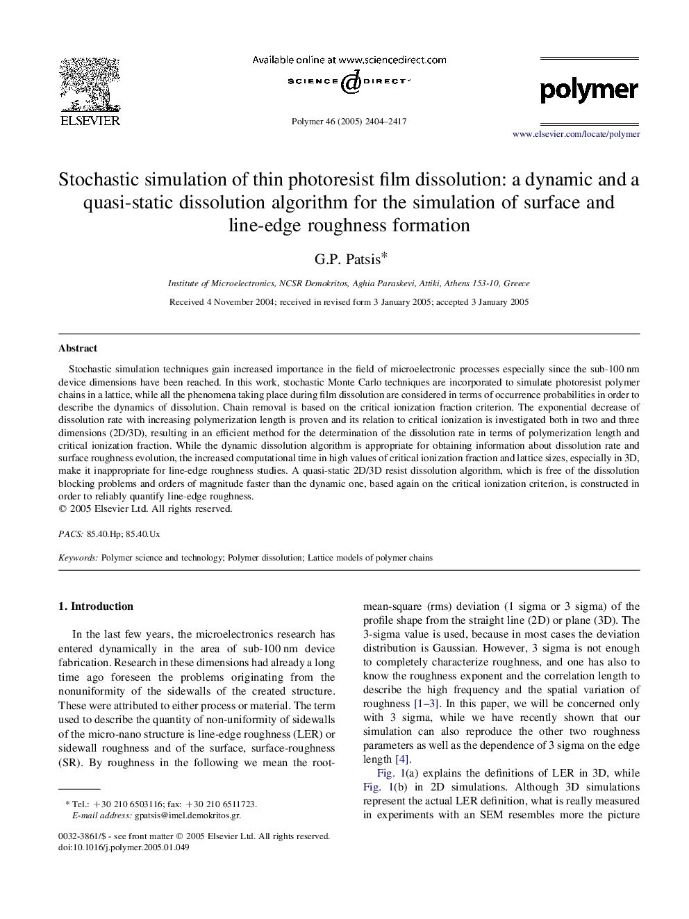 Stochastic simulation of thin photoresist film dissolution: a dynamic and a quasi-static dissolution algorithm for the simulation of surface and line-edge roughness formation