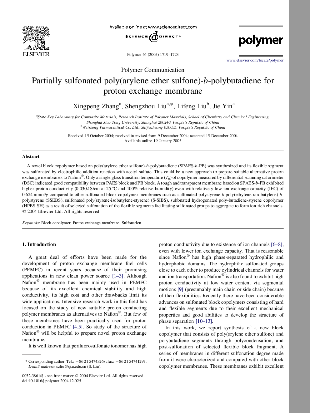 Polymer CommunicationPartially sulfonated poly(arylene ether sulfone)-b-polybutadiene for proton exchange membrane