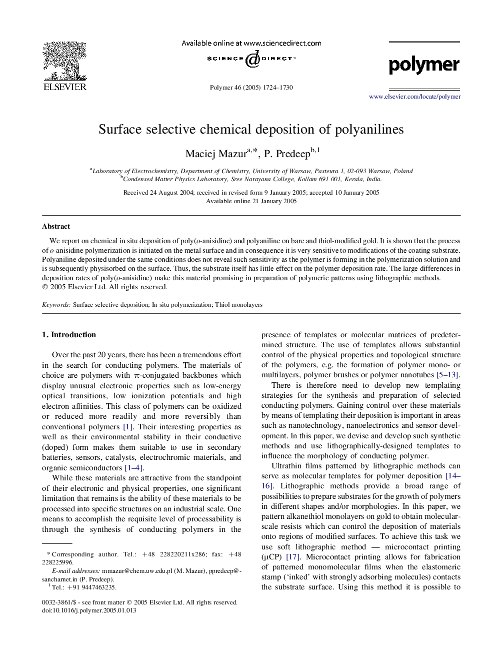 Surface selective chemical deposition of polyanilines