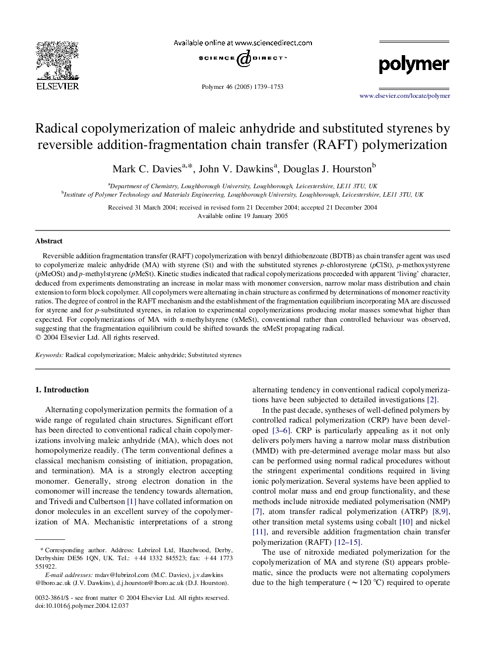 Radical copolymerization of maleic anhydride and substituted styrenes by reversible addition-fragmentation chain transfer (RAFT) polymerization