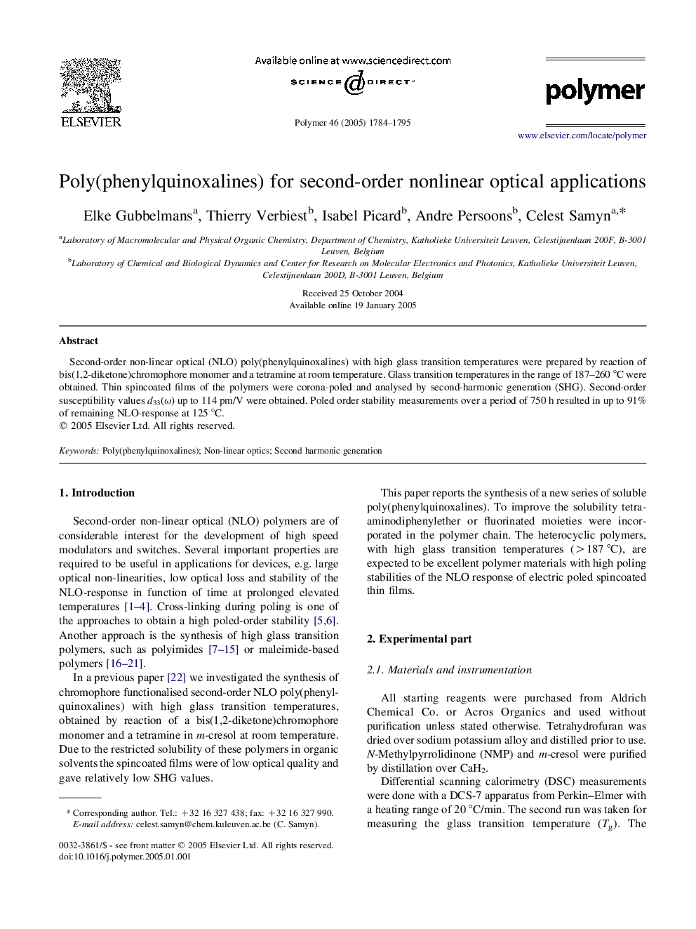 Poly(phenylquinoxalines) for second-order nonlinear optical applications