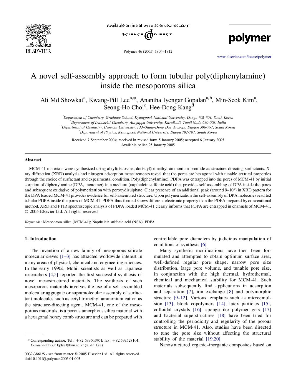 A novel self-assembly approach to form tubular poly(diphenylamine) inside the mesoporous silica