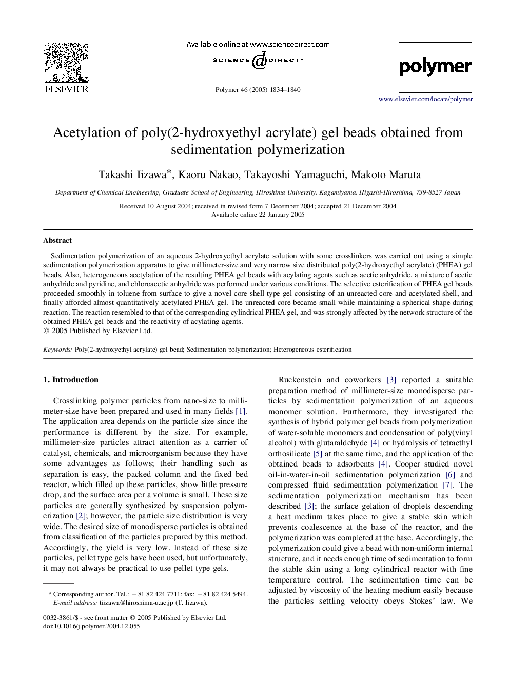 Acetylation of poly(2-hydroxyethyl acrylate) gel beads obtained from sedimentation polymerization