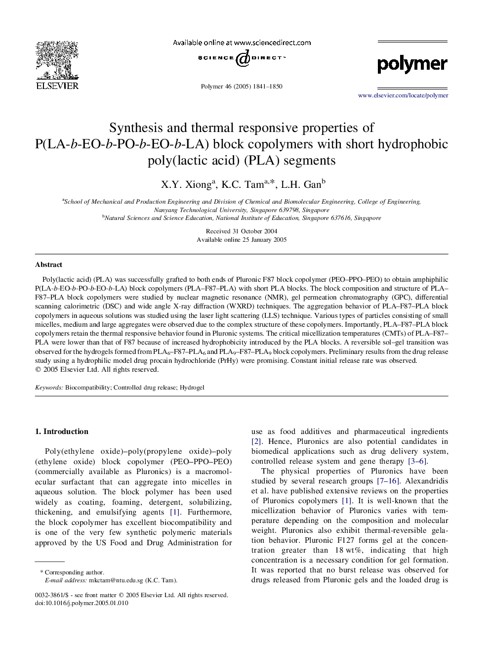 Synthesis and thermal responsive properties of P(LA-b-EO-b-PO-b-EO-b-LA) block copolymers with short hydrophobic poly(lactic acid) (PLA) segments