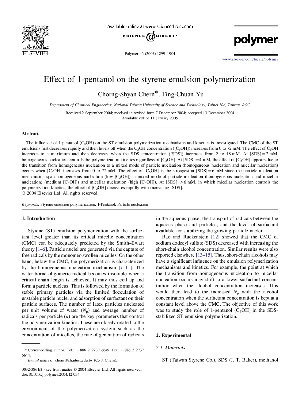 Effect of 1-pentanol on the styrene emulsion polymerization